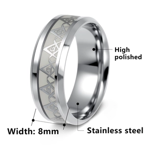 8mm high polished stainless steel Masonic ring with luminous freemasonry symbols