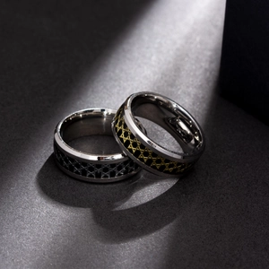 Titanium steel hexagram rings set with vintage hollow patterns in black and gold finishes