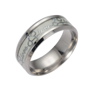 Luminous stainless steel couple ring with engraved love lettering and gender symbols