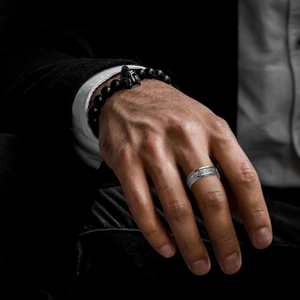 Men's retro stainless steel freemasonry ring and black beaded bracelet jewelry set