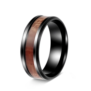Wood Inlay Stainless Steel Ring For Men Black Polished Band Acacia Wood Inlaid Geometric Retro Fashion Jewelry Accessory