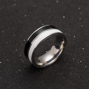 Macro view of dual-tone polished stainless steel ring with black and white segments