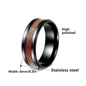 Men's 8mm high polished black titanium steel ring with koa wood inlay for modern style