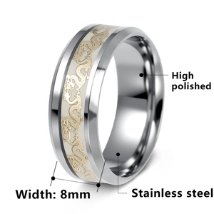 Luminous Chinese dragon titanium steel ring with 8mm high polished gold relief pattern
