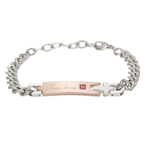 Bracelet couple True Love avec chaîne cubaine argentée, plaque or rose et croix zircon rose
