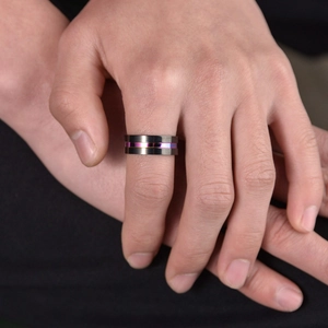 Black matte titanium steel ring with rainbow gradient stripe for men and women