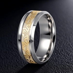 Luminous titanium steel dragon ring for men featuring golden relief on a silver band