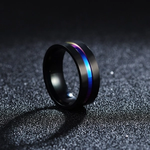 Men's matte black stainless steel ring with rainbow electroplated center groove