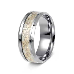 Men's titanium steel ring featuring a golden dragon relief on a white luminous inlay
