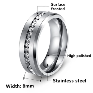 8mm black stainless steel ring with single row of clear cubic zirconia and frosted finish