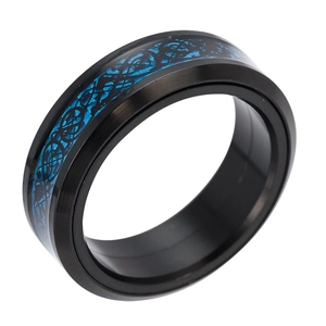 Men's titanium steel spinner ring with blue carbon fiber and black dragon pattern