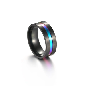 Detail of matte black stainless steel ring featuring a central rainbow iridescent band