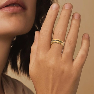 8mm matte gold stainless steel ring with micro-pave white zircon inlay on model hand