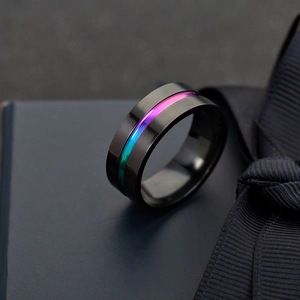 Minimalist black stainless steel men's ring featuring a rainbow gradient inlay and brushed finish