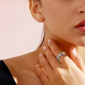 8mm stainless steel ring featuring a full row of sparkling zircons worn on hand