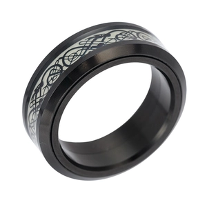 Luminous dragon pattern stainless steel spinner ring for men with black brushed finish