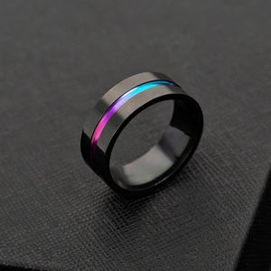 Men's matte black stainless steel ring with vibrant purple and blue gradient inlay