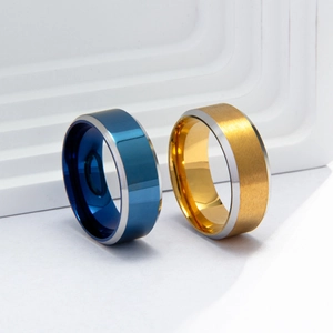 Minimalist stainless steel men's rings in matte gold and deep blue two-tone design