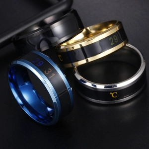 Smart temperature sensitive rings in black, silver, gold, and blue stainless steel