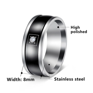 8mm high polished stainless steel ring for men featuring a centered clear zircon stone