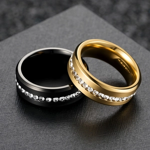Matte finish 8mm stainless steel rings with center row of zircon stones in black and gold