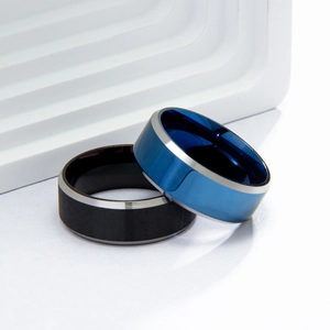 Minimalist men stainless steel rings in brushed black and polished blue with silver edges