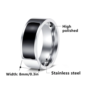 Polished 8mm stainless steel NFC smart ring with minimalist black block design