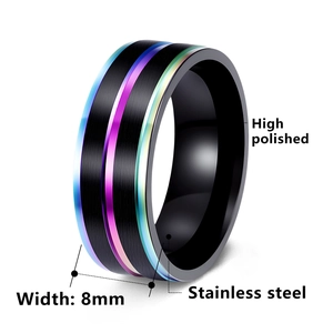 8mm black brushed stainless steel men's ring with double rainbow grooves and polished inner band