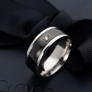Polished stainless steel band ring with black inlay, single zircon and square engraving