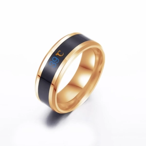 Detail shot of rose gold stainless steel ring showing digital temperature 39℃ display