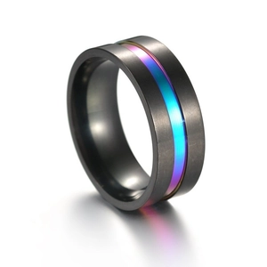 Matte black stainless steel ring for men with center rainbow gradient brushed inlay