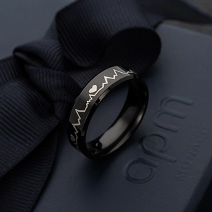 Black stainless steel 6mm heartbeat ring with heartbeat line and heart engraving
