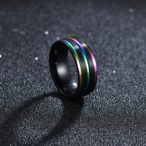 Men's black brushed titanium steel ring with double rainbow grooves and matte finish