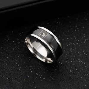 Polished stainless steel ring with black inlay and square zircon at a 45-degree angle