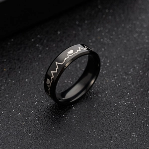 6mm black stainless steel heartbeat ring with white electrocardiogram pattern engraving
