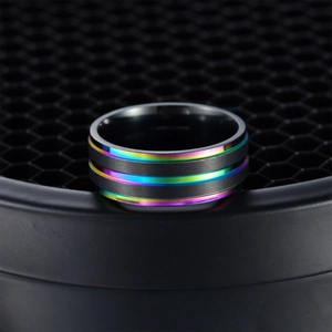 Matte black stainless steel ring with vibrant rainbow gradient stripes in a sleek modern design