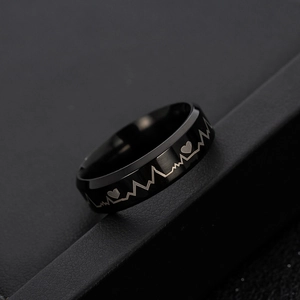 Black 6mm stainless steel heartbeat ring with brushed finish and laser engraved EKG line