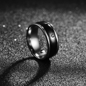 Mens black stainless steel ring with matte finish and center square set zircon stone