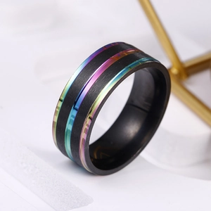 Brushed black stainless steel ring with rainbow stripes and polished inner band surface