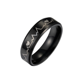 Minimalist Black Stainless Steel Ring For Men Women Fashion ECG Heartbeat Heart Pattern Band Ring Jewelry Gift