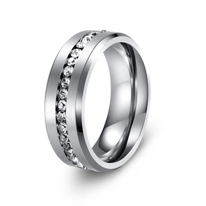 Macro view of 8mm wide brushed silver ring with a full row of pave-set clear cubic zirconia