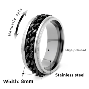8mm men's stainless steel spinner ring with black rotatable chain inlay and polished finish