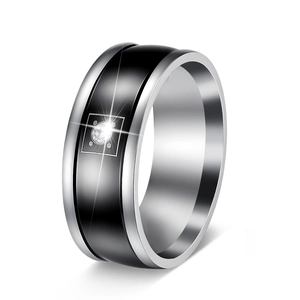 Stainless Steel Rhinestone Ring For Men Women Fashion Black Silver Contrast Geometric Band Minimalist Finger Ring Jewelry Gift