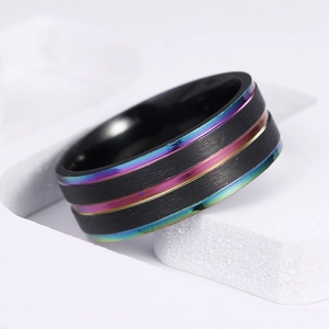 Men's matte black ring with rainbow grooved stripes and colorful inner edges
