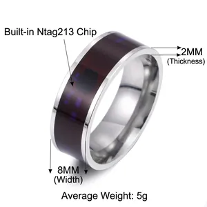 Smart NFC ring with Ntag213 chip in silver finish and 8mm width on white background