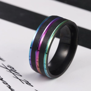 Matte black stainless steel ring with dual rainbow stripes shown at a 45-degree angle