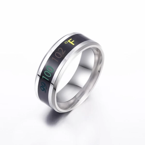 Macro detail of silver stainless steel temperature ring showing Fahrenheit scale engraving