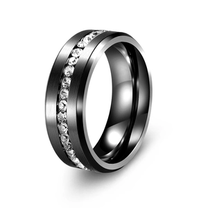 Detail view of 8mm black stainless steel ring with single row of cubic zirconia stones