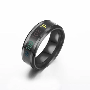 Detail shot of smart temperature sensing ring in black titanium steel with Fahrenheit display
