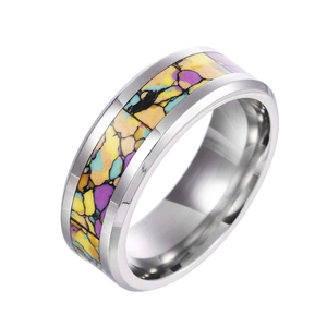 Bague en acier titane poli avec des motifs de mosaïque de pierres colorées incrustées